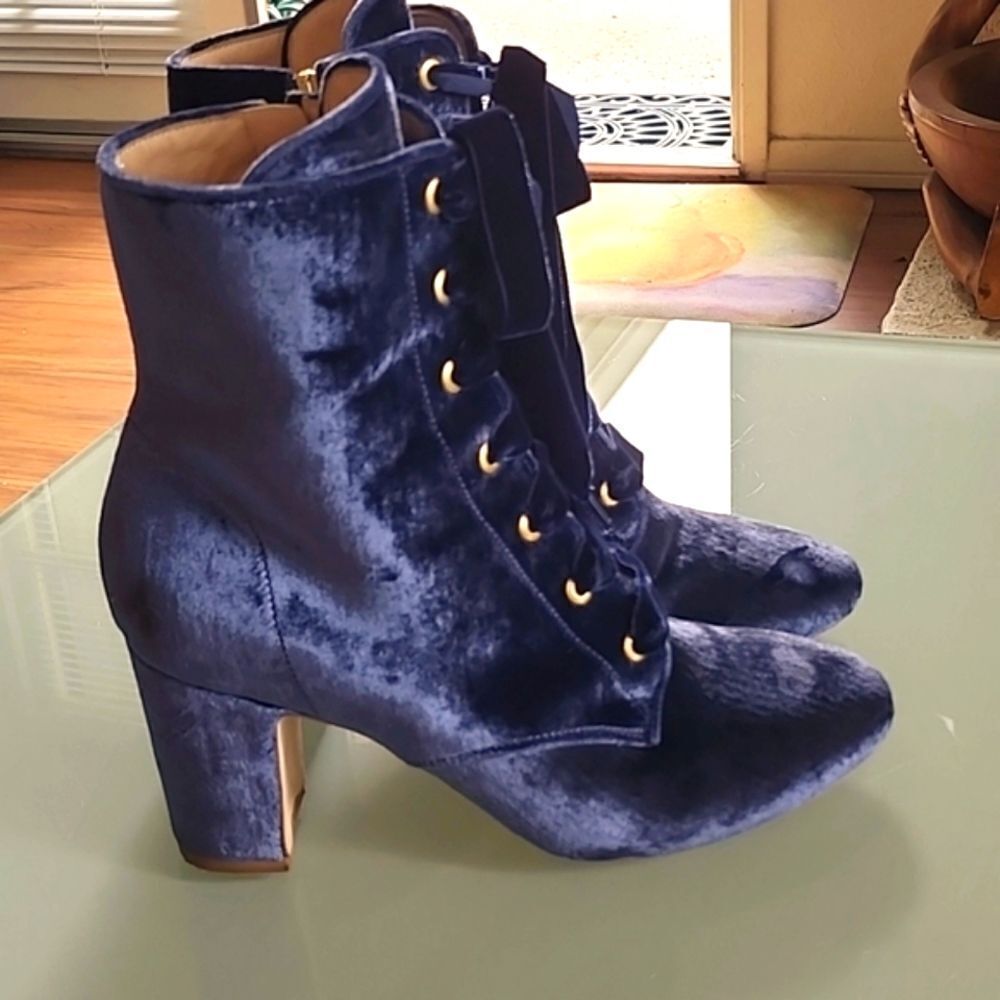 Polly Plume Crushed Blue Velvet and Leather Boots